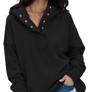 Oversized Button V-Neck Hoodie Sweatshirt – Black